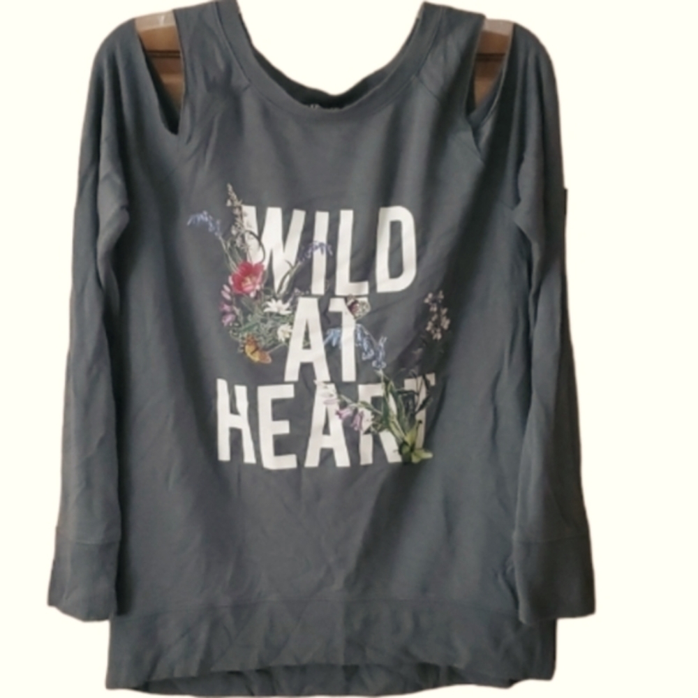 Express Womans Cold Shoulder WILD AT‎ HEART Floral Long Sleeve Olive Top Size S